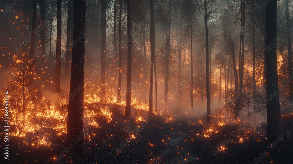 A forest fire burning trees while firefighters struggle to save the ecosystem. A forest fire burning trees while firefighters struggle to save the ecosystem.