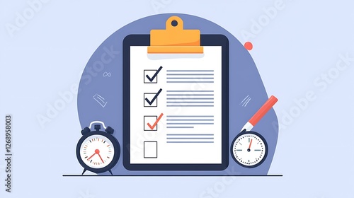 A stylized illustration of a clipboard with a checklist, pen, and stopwatch, symbolizing time management