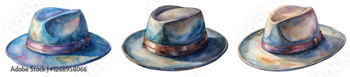 Watercolor hat illustrations, stylish fedora designs, artistic blue tones, fashion accessories, creative artwork.