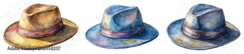 Watercolor hat illustrations, stylish fedora designs, artistic rendering, vibrant colors, fashion accessories.
