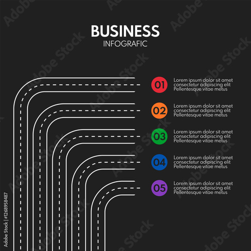 5 steps business infographic template, five colorful options choice, multiple road lines info chart, different ways painted on black background, many turned footpath