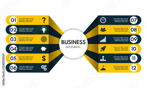 12 options business infographic, steps to success, yellow black vector illustration