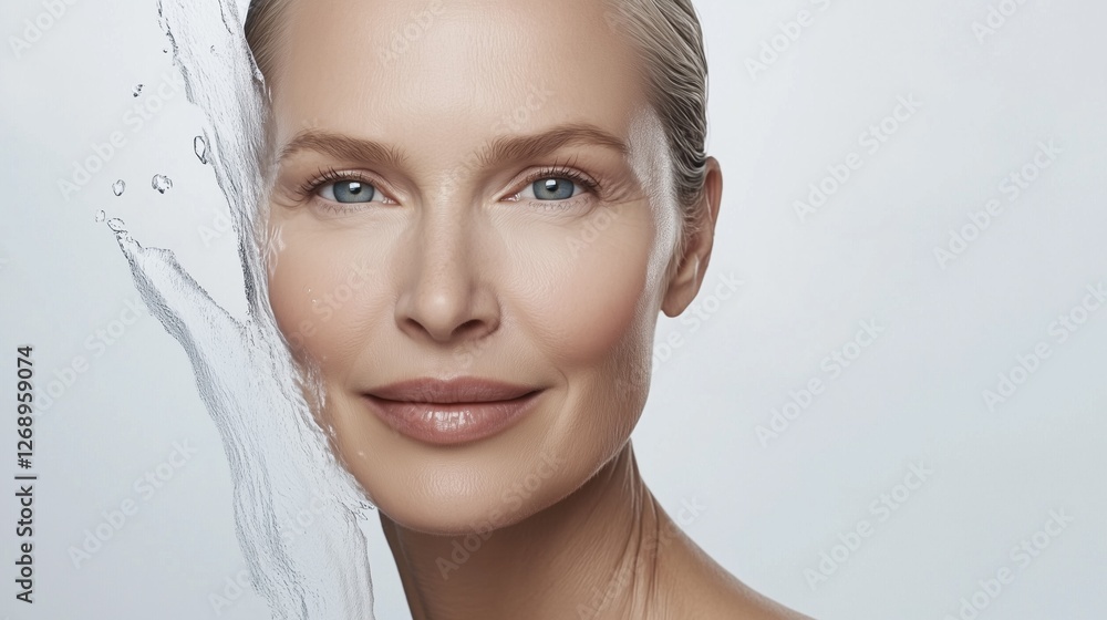 Fototapeta premium Hydration and Radiance: Close-up of a woman's face, half-covered by a splash of water, showcasing healthy, radiant skin. The image evokes freshness and beauty.