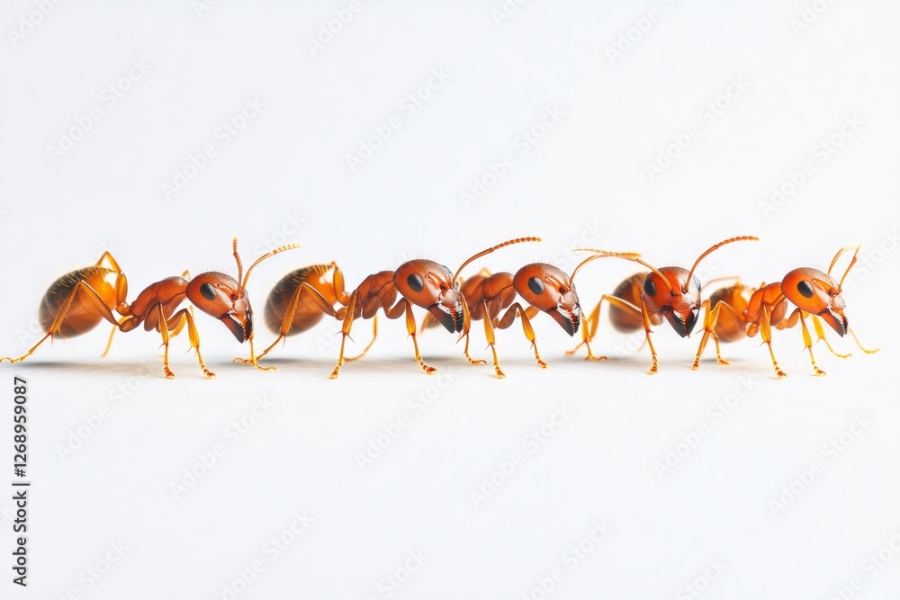 Fototapeta premium Red ants walking in line on white background