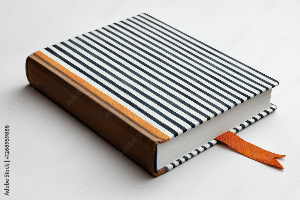 A stylish striped notebook with a vibrant orange ribbon bookmark, perfect for journaling or note-taking. A stylish striped notebook with a vibrant orange ribbon bookmark, perfect for journaling or note-taking.