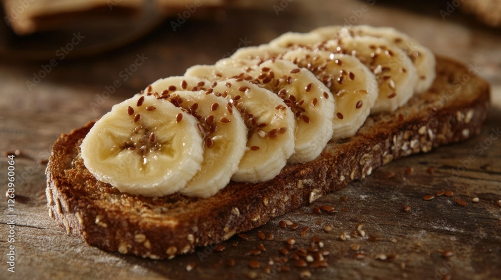 Sliced banana on whole grain toast with flax seeds on wooden table Sliced banana on whole grain toast with flax seeds on wooden table