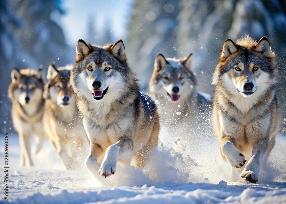 Gray Wolves Pack Charging Through Snowy Wilderness - Minimalist Winter Wildlife Photography Gray Wolves Pack Charging Through Snowy Wilderness - Minimalist Winter Wildlife Photography