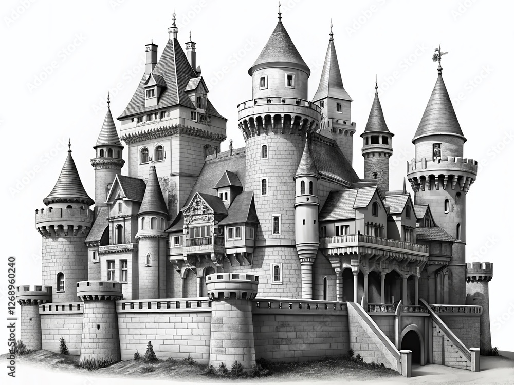 Grayscale Ancient Castle Architecture Clipart: Intricate Details, Isolated on White Grayscale Ancient Castle Architecture Clipart: Intricate Details, Isolated on White
