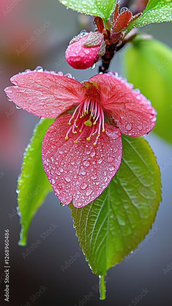 A delicate pink blossom with dew-covered petals and green leaves, showcasing the beauty of nature and spring.