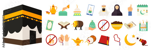 Ramadan Symbols and Traditions Flat Illustrated. Items like Mosque, Crescent, Dates, and Prayer Beads Set