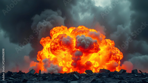 Dramatic explosion with fire and smoke, captured mid-blast in high definition, perfect for action-packed themes, disaster scenes, and visual effects photo