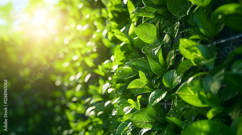 Lush Green Hedge with Sunlit Leaves Detailed Foliage Texture Natural Beauty