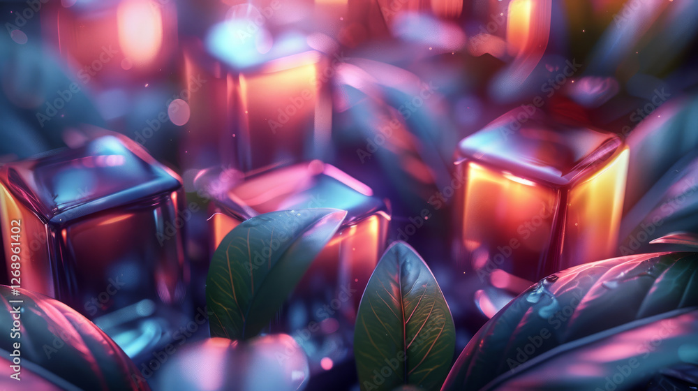 Neon futuristic glass cubes with glowing leaves
Neon futuristic glass cubes with glowing leaves