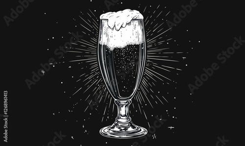 Vintage Beer Glass Engraving Illustration: Hand-drawn Black and White Vector Design for Drink Enthusiasts