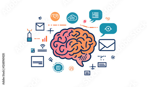 Digital AI Brain with Editable Stroke Icons Representing Chat Technology and Innovation