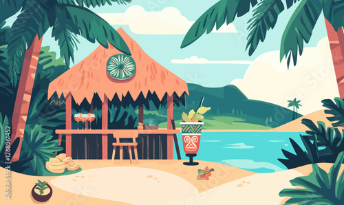 Tropical Tiki Beachside Pub with Palm Trees and Exotic Cocktails Illustration