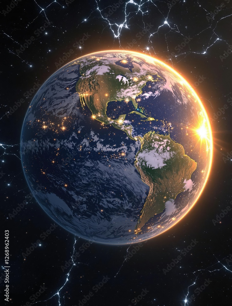 Naklejka premium Earth from space floating in blue marbles background, earth from space, space scene, cosmic landscape