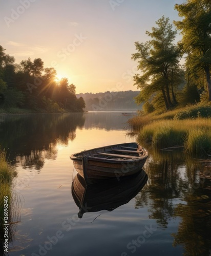 Ein Boot auf dem laubengen Baggersee glitzert in der Abendsonnenstrahlung , Abendsonne, Licht photo