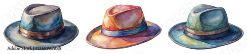 Watercolor hat illustrations, stylish headwear designs, vibrant colors, artistic fashion elements, suitable for design projects.