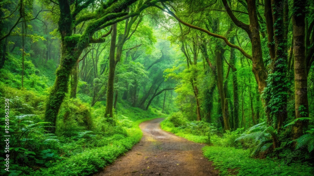 Emerald forest landscape with a winding dirt path leading through the dense foliage, outdoor, peacefulness Emerald forest landscape with a winding dirt path leading through the dense foliage, outdoor, peacefulness