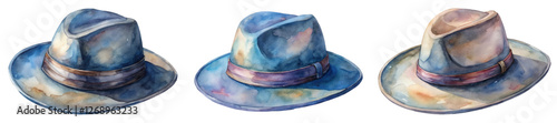 Watercolor hat illustrations, stylish headwear designs, artistic fashion accessories, vibrant color palette, creative artwork.