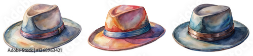 Watercolor hat illustrations, stylish headwear designs, artistic fashion accessories, vibrant color palette.