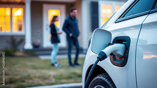 Electric car charging station at residential house during sunset, showcasing clean energy and sustainability for eco-friendly transportation photo