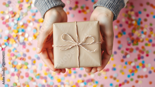 Hands holding a gift box wrapped in brown paper with a string bow, surrounded by colorful confetti, ideal for celebrations, holidays, and special occasions photo