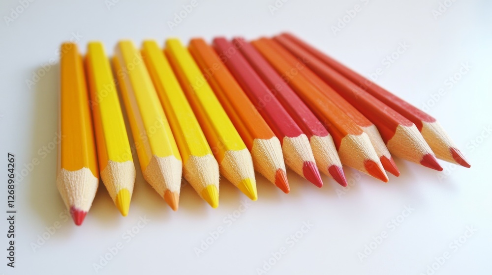 Yellow and orange pencils in gradient pattern on white surface Yellow and orange pencils in gradient pattern on white surface