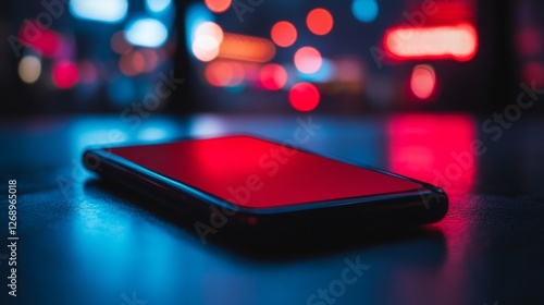 Smartphone with red screen on reflective surface in blurred city lights