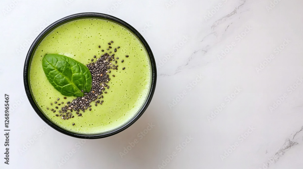 Green smoothie bowl with spinach leaf and chia seeds on marble surface Green smoothie bowl with spinach leaf and chia seeds on marble surface