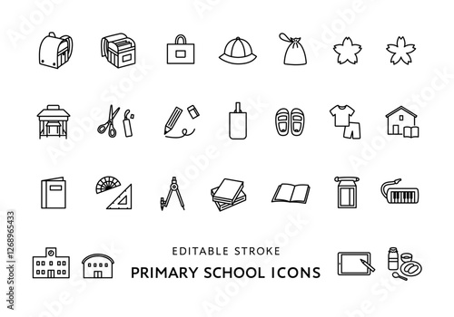 小学校にまつわるアイコンセット（モノクロ）
