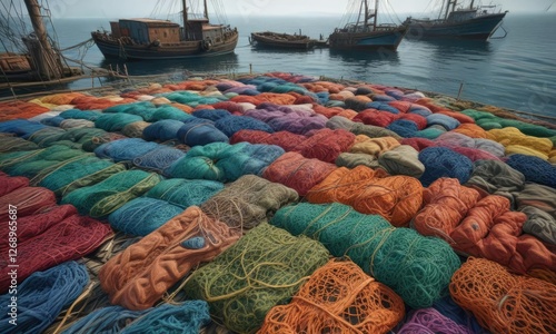 Fishing nets spread out across the port like a colorful blanket, buoys, fishing net photo