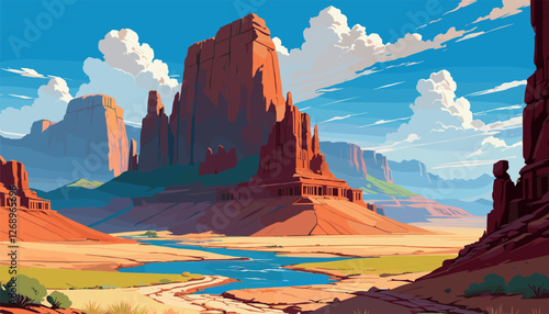 Desert Canyon with Flowing River and Red Rock Cliffs