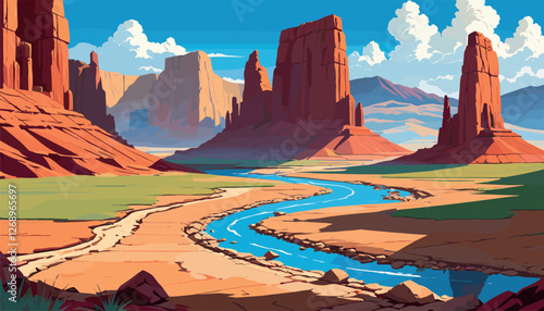 Desert Canyon with Flowing River and Red Rock Cliffs