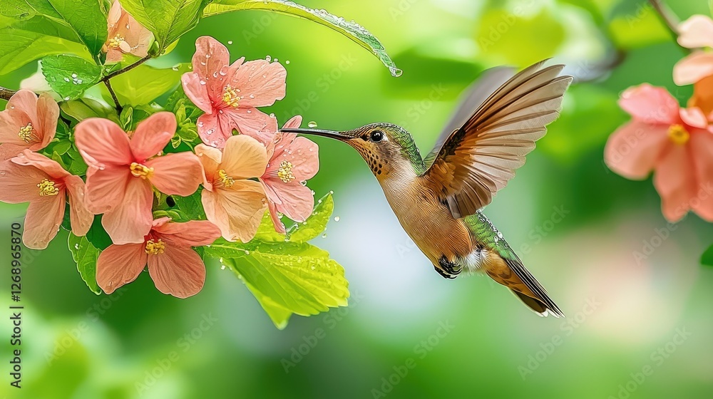 Fototapeta premium Hummingbird feeding on vibrant pink flowers in lush greenery