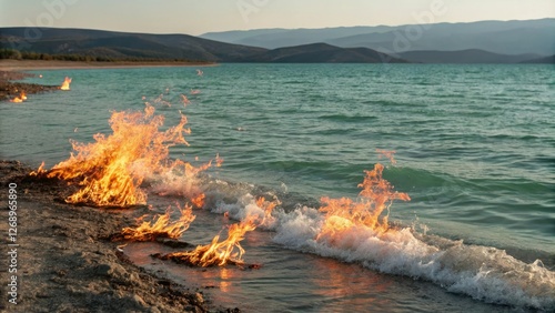 Flames dance on the surface of a teal lake as fire-filled waves lap gently at the shore, water splashes, sparks, flame patterns, flames photo