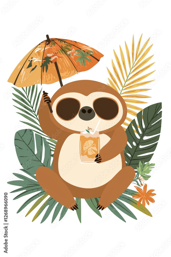 Obraz premium Cute cartoon sloth relaxing with tropical drink and umbrella in jungle setting