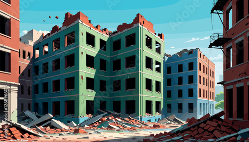 Abandoned Ruined City with Collapsing Buildings