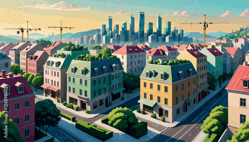 Suburban Neighborhood with Modern City Skyline in Background