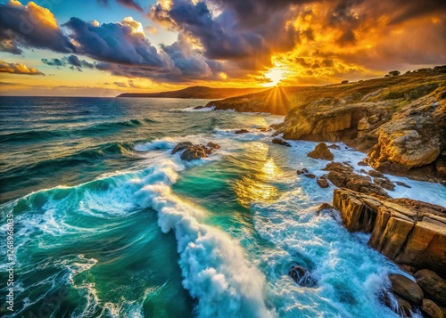 Sunset Glow on Tamris Coast: Turquoise Waves Crashing on Rocky Shores photo