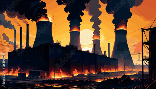 Industrial Factory on Fire with Dark Smoke Rising