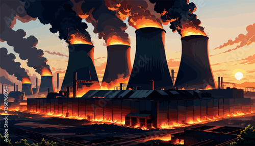 Industrial Factory on Fire with Dark Smoke Rising