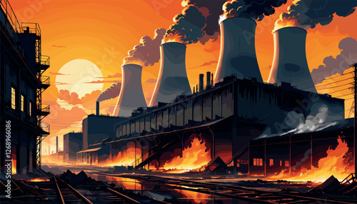 Industrial Factory on Fire with Dark Smoke Rising