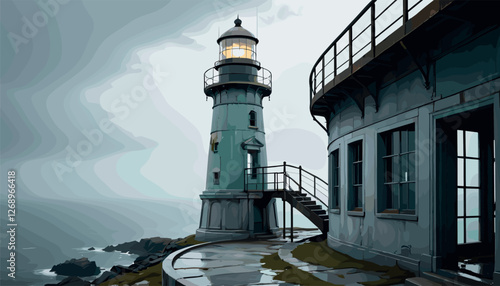 Moody Lighthouse on a Foggy Coastal Cliff