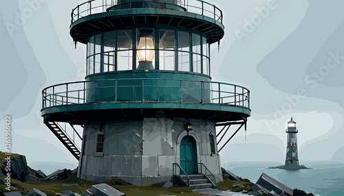 Moody Lighthouse on a Foggy Coastal Cliff