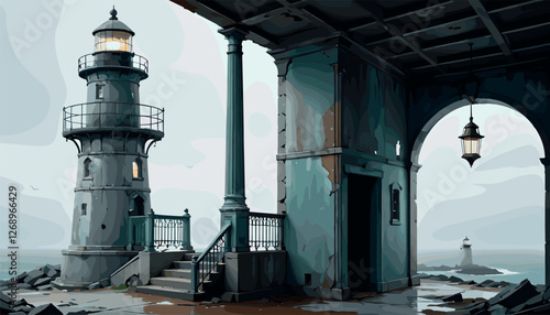 Moody Lighthouse on a Foggy Coastal Cliff