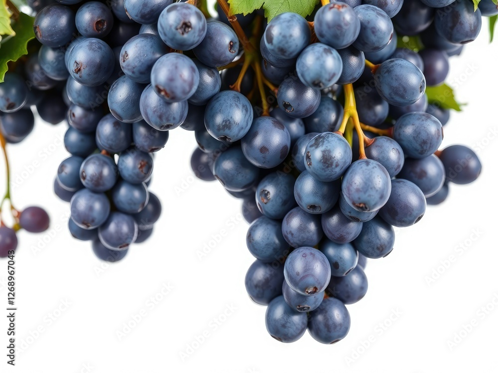 Fresh blue wet grapes hanging from a bunch isolated on a white background, table setting, white background Fresh blue wet grapes hanging from a bunch isolated on a white background, table setting, white background