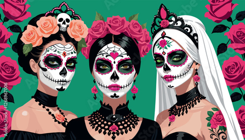 Elegant Día de los Muertos Catrinas with Floral Crowns