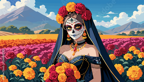 Elegant Día de los Muertos Woman in Flower Field